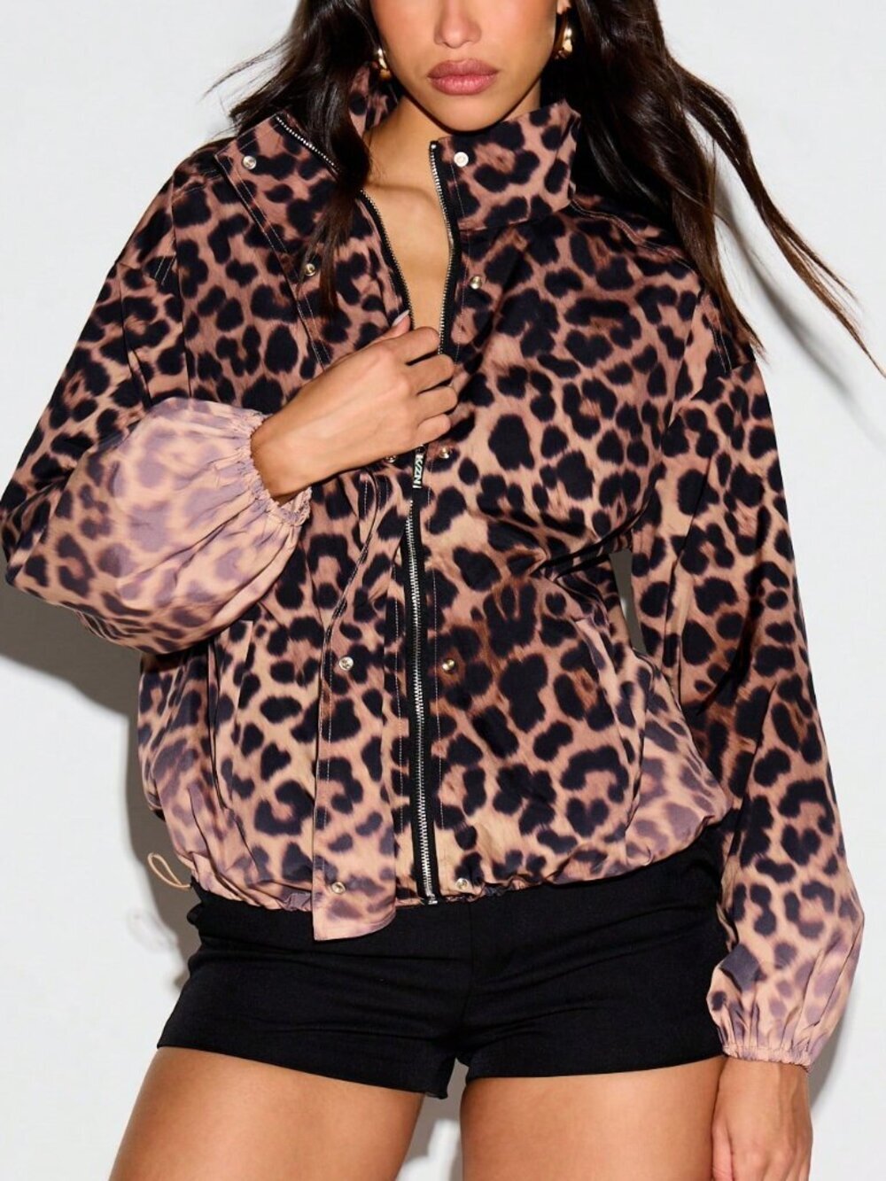 Multicolor Casual Women's Leopard Print Lightweight Tech Jacket Stand Collar Zip